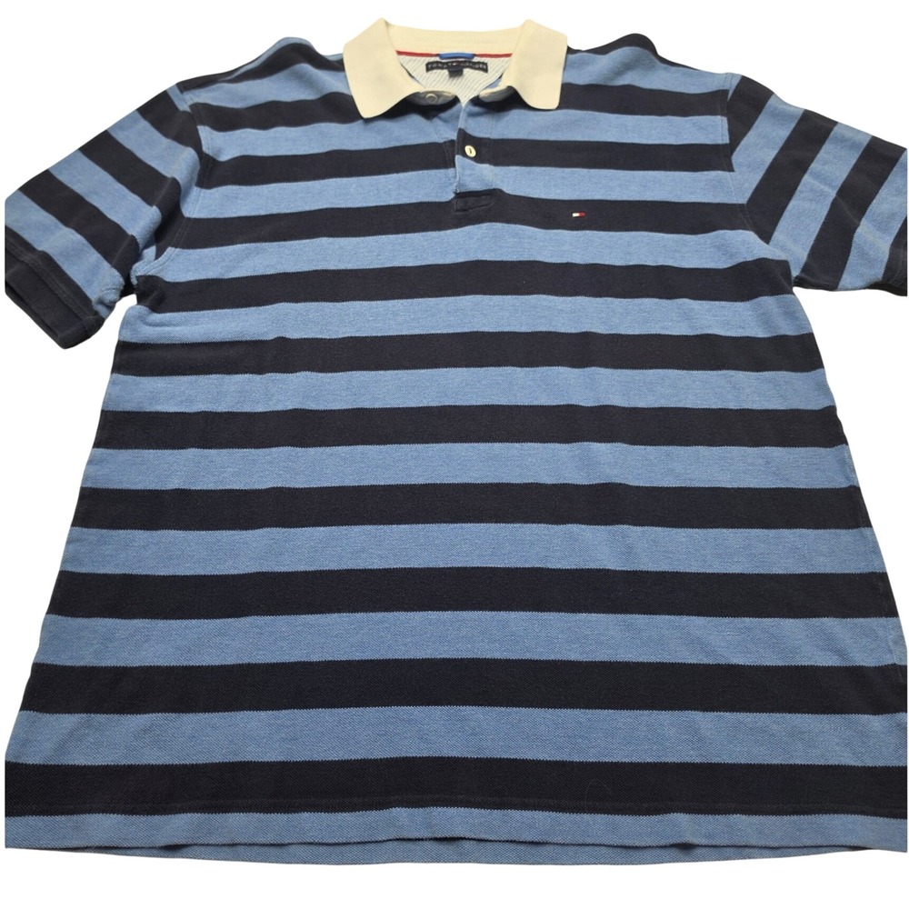 Tommy Hilfiger Mens XXL Blue Navy Striped Short Sleeve Pique Polo Shirt Logo